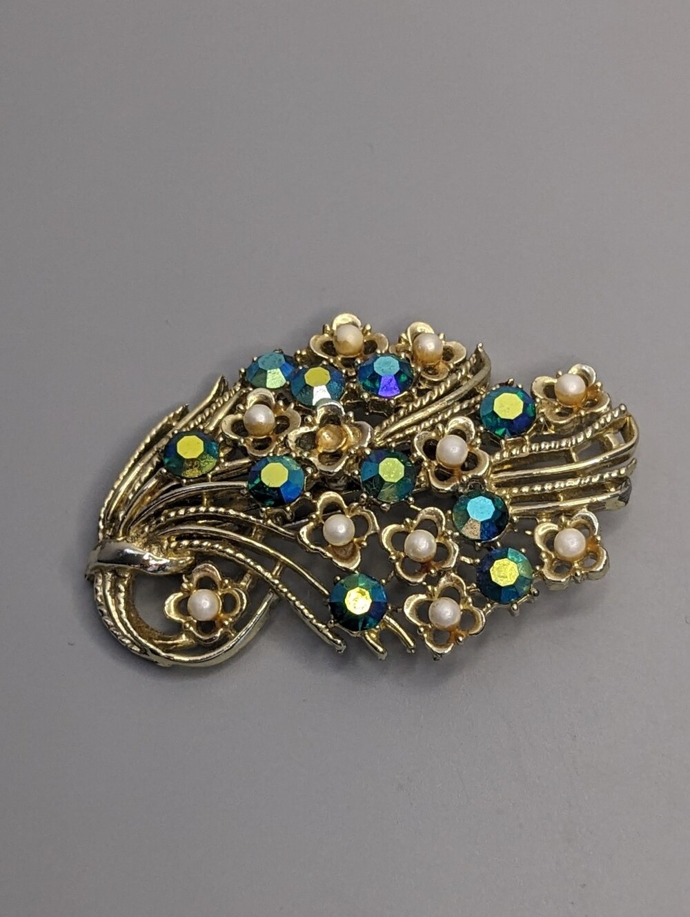 Vintage Coro Floral Brooch Gold Tone Pink Pearl Rhinestones Mid Century 1950s
